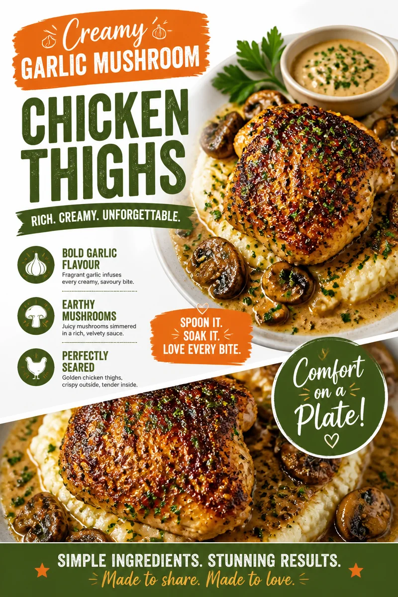 Creamy Garlic Mushroom Chicken Thighs garnished with herbs and served on a plate.