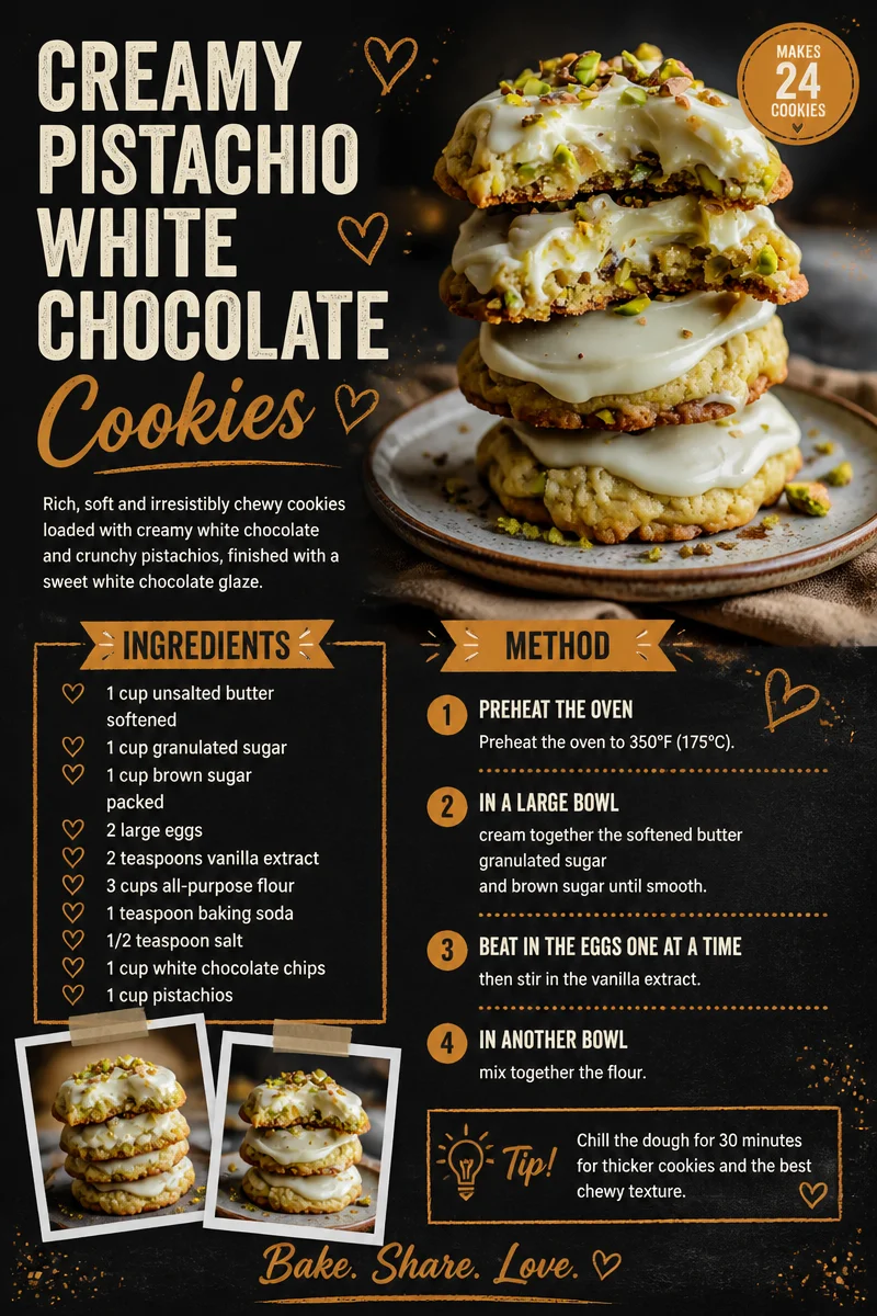 Creamy pistachio white chocolate cookies on a baking tray