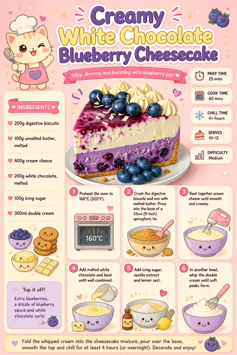 Slice of creamy white chocolate blueberry cheesecake on a plate