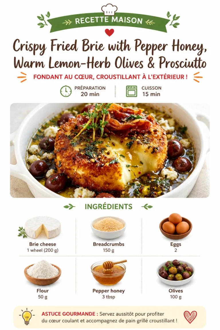 Crispy fried brie with pepper honey and warm lemon-herb olives
