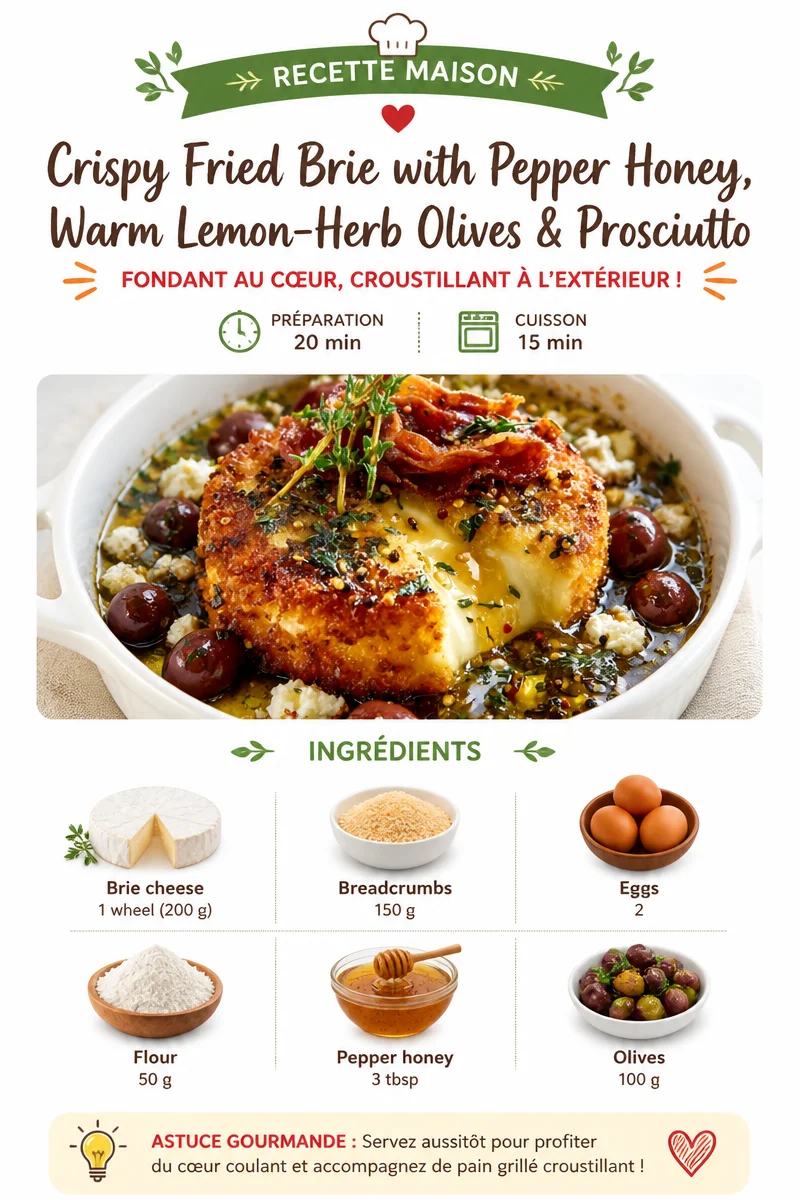 Crispy fried brie with pepper honey and warm lemon-herb olives
