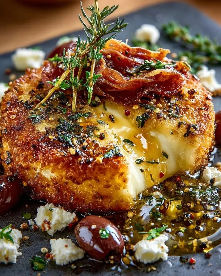 Crispy Fried Brie with Pepper Honey, Warm Lemon-Herb Olives & Prosciutto