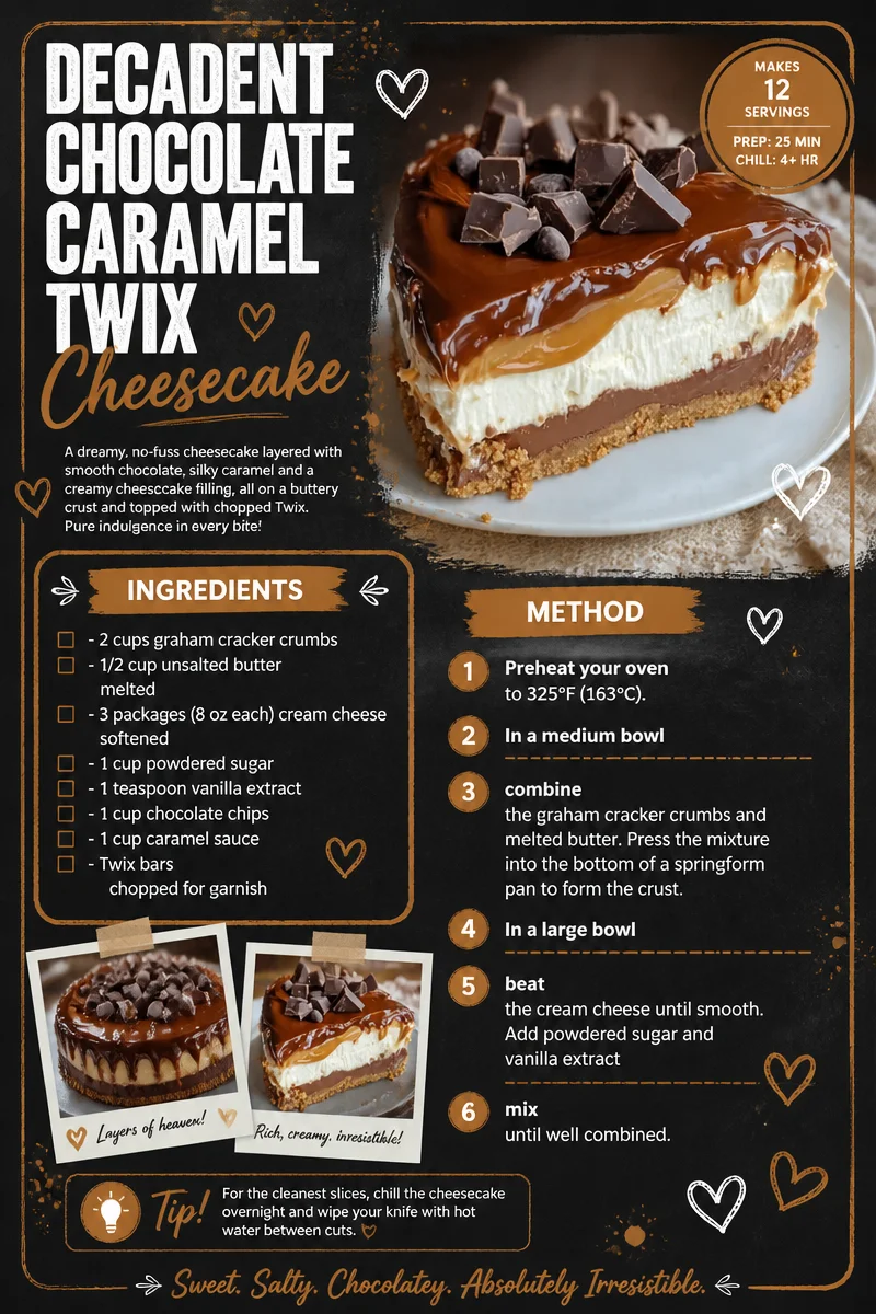 Decadent chocolate caramel cheesecake topped with Twix bars and drizzled caramel