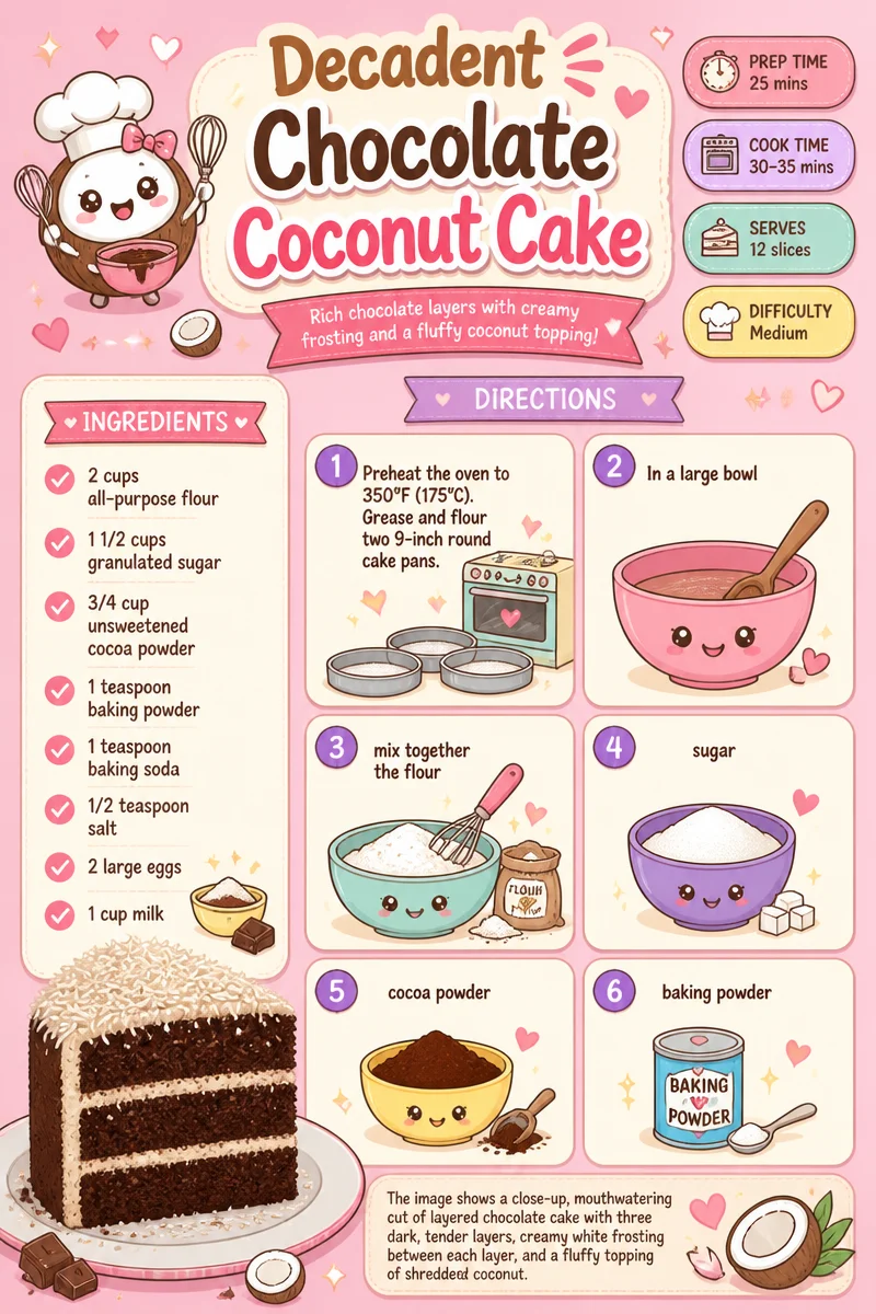 Decadent chocolate coconut cake with rich frosting and coconut flakes