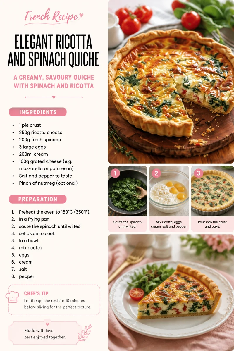Elegant ricotta and spinach quiche served on a white plate with fresh herbs.