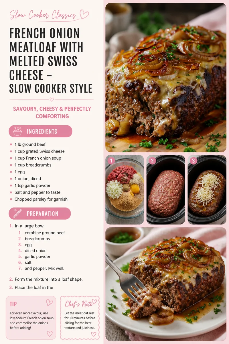 Slow cooker French onion meatloaf topped with melted Swiss cheese.