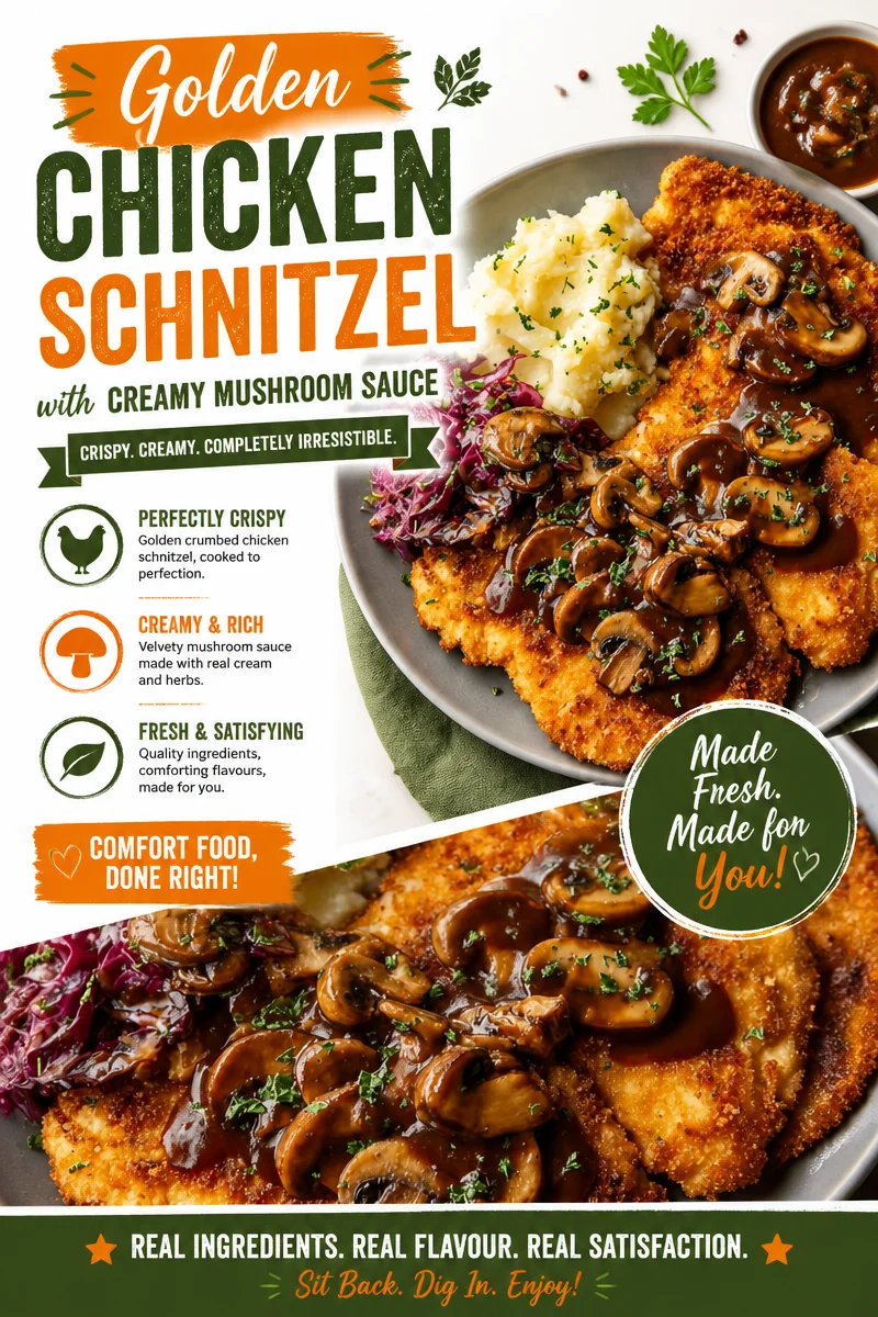 Golden chicken schnitzel served with creamy mushroom sauce on a plate