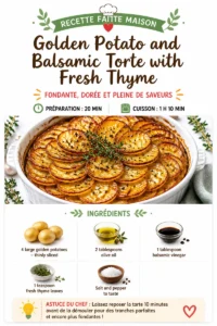 Golden potato tart with balsamic vinegar and fresh thyme on a wooden table