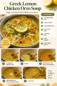 Bowl of Greek Lemon Chicken Orzo Soup garnished with herbs