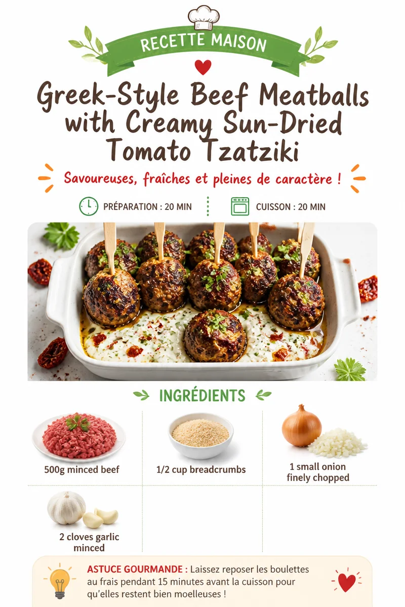 Greek-style beef meatballs served with creamy sun-dried tomato tzatziki sauce