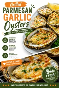 Grilled Parmesan Garlic Oysters served on a platter with herbs