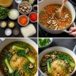 Bowl of healing ginger garlic broth with rice noodles, garnished with herbs.