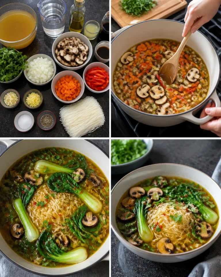 Bowl of healing ginger garlic broth with rice noodles, garnished with herbs.
