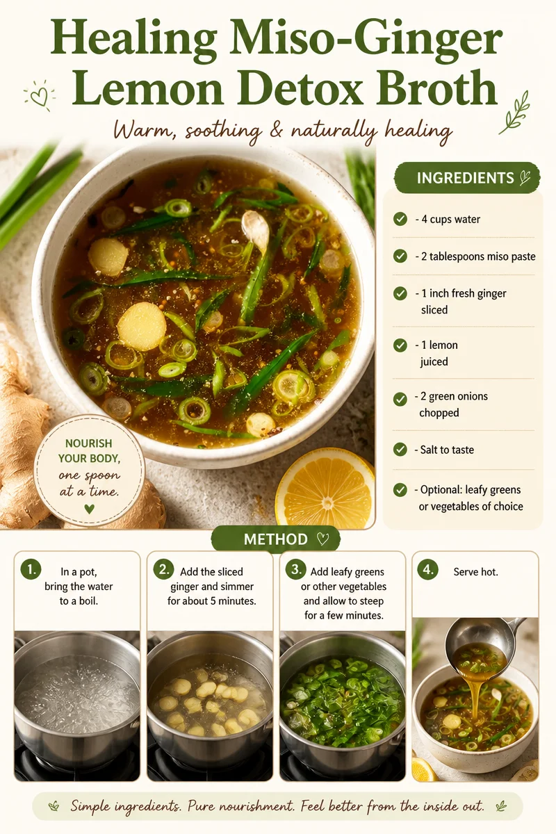 Bowl of healing miso-ginger lemon detox broth with fresh ingredients