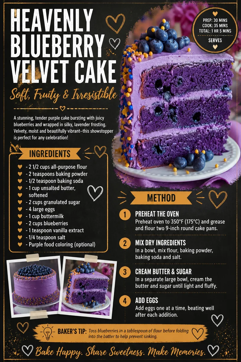 Heavenly blueberry velvet cake topped with fresh blueberries and cream cheese frosting.