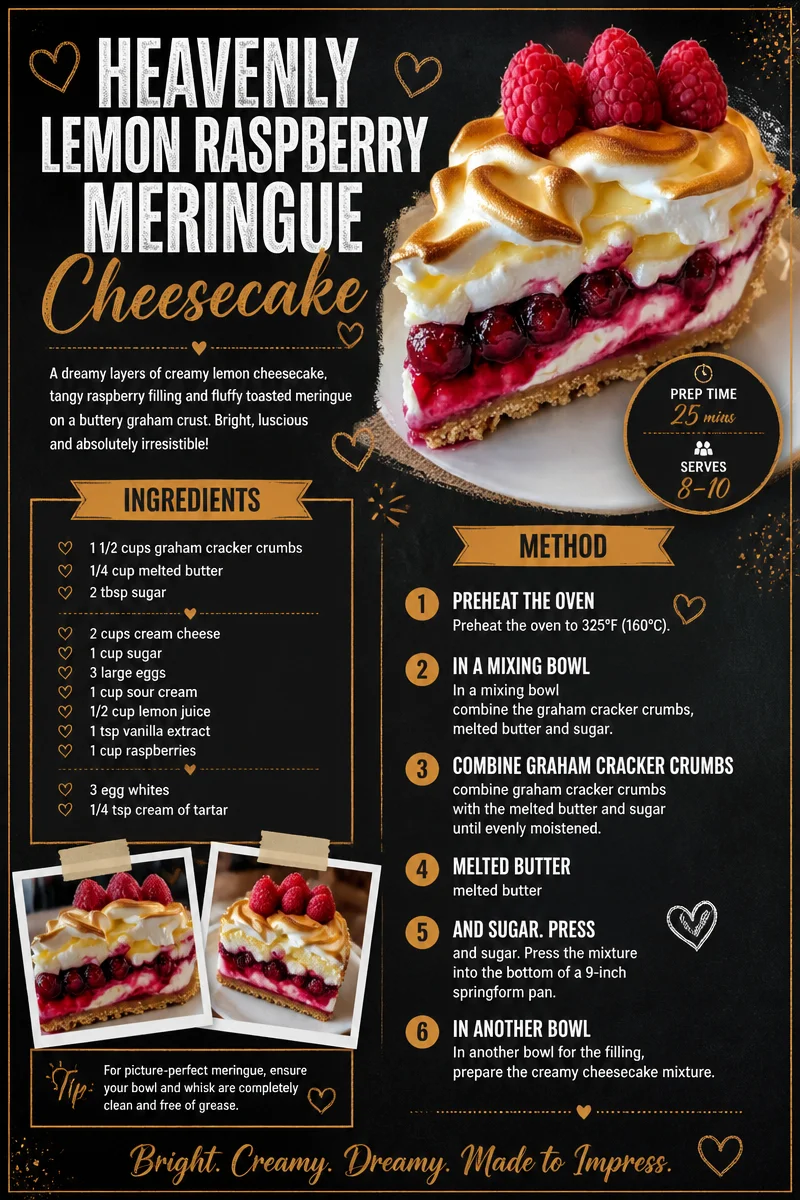 Heavenly lemon raspberry meringue cheesecake topped with fresh raspberries
