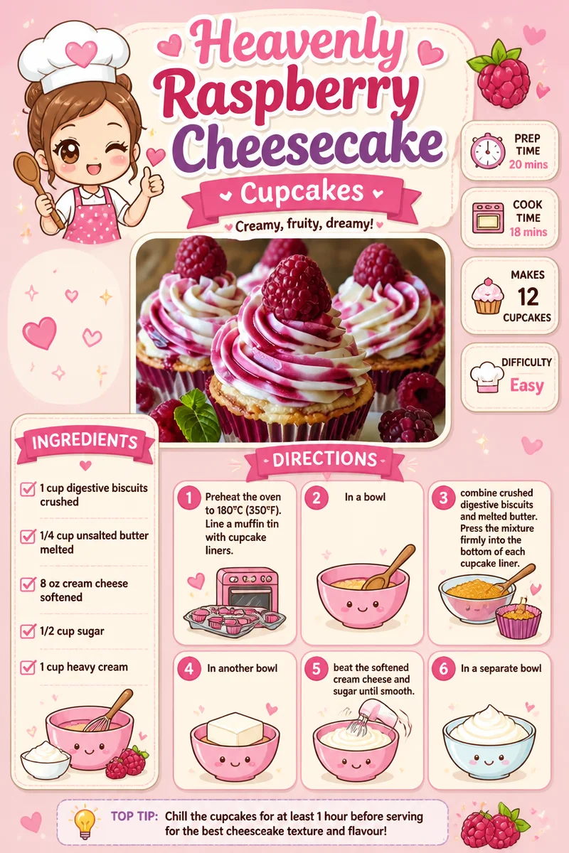 Heavenly raspberry cheesecake cupcakes topped with raspberry sauce and cream.