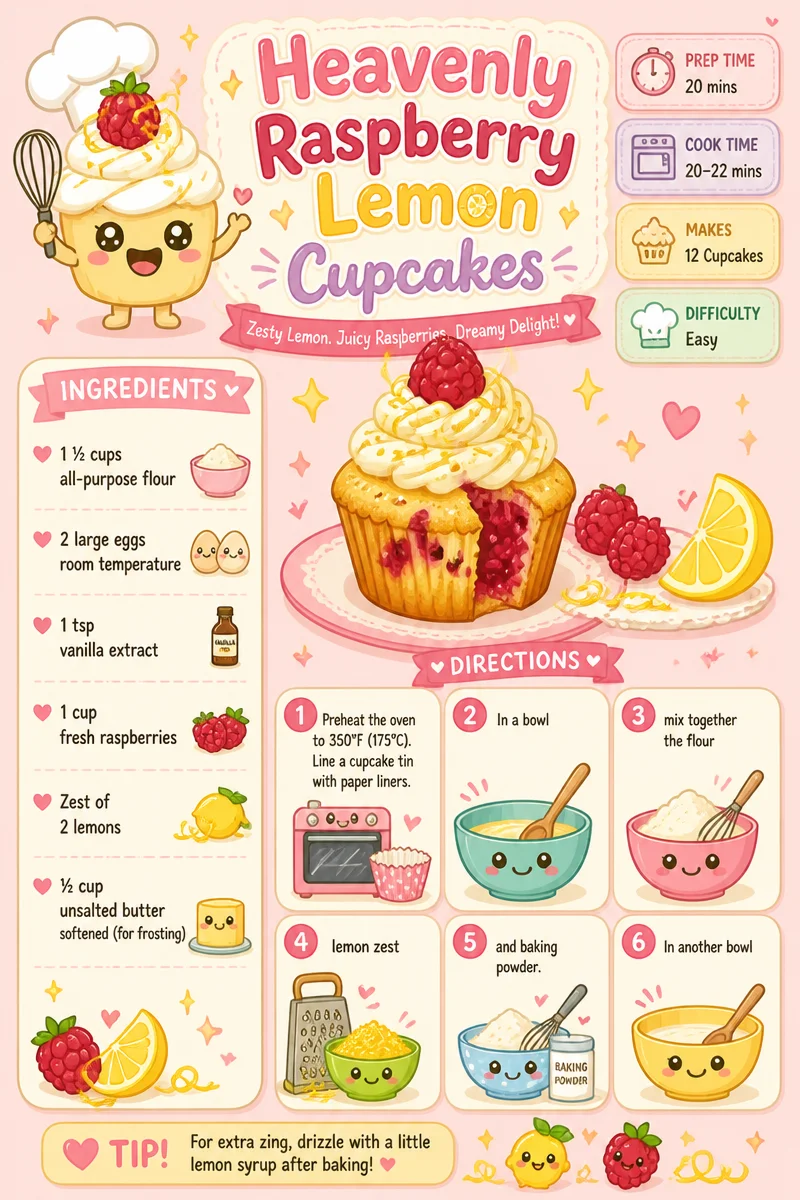 Delicious raspberry lemon cupcakes topped with fresh berries and icing