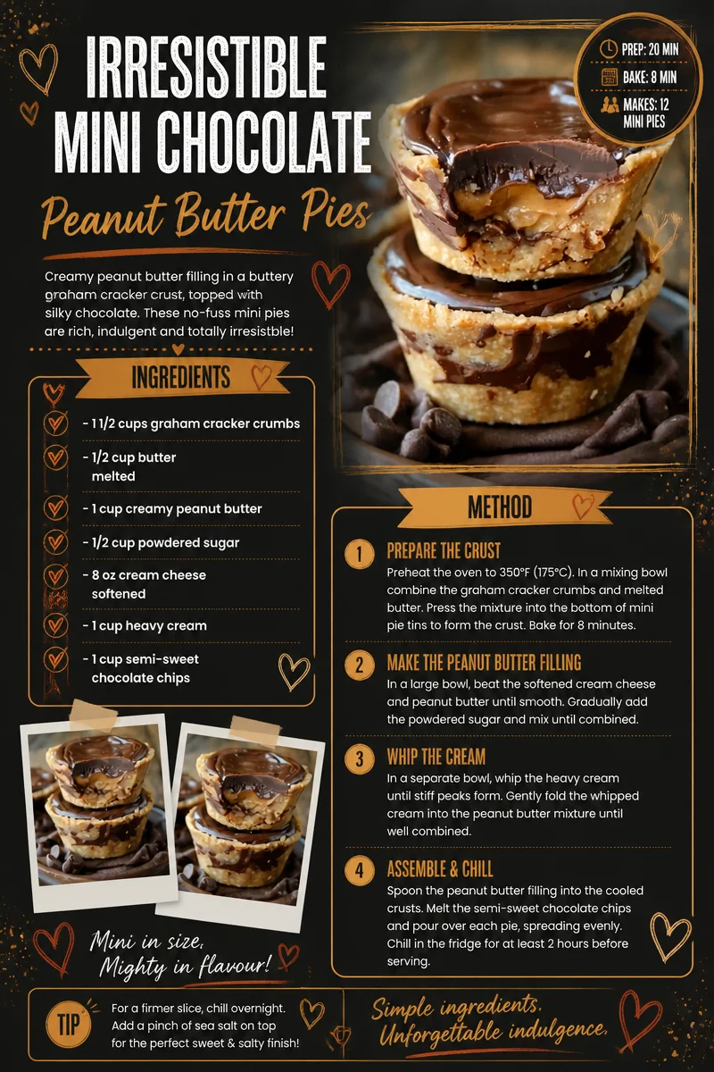 Delicious mini chocolate peanut butter pies topped with creamy chocolate and peanut butter.