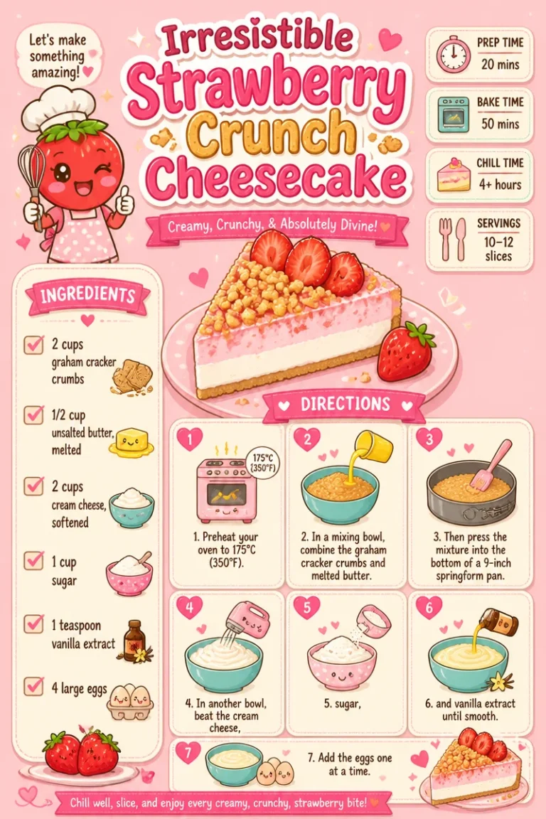 Irresistible Strawberry Crunch Cheesecake topped with fresh strawberries