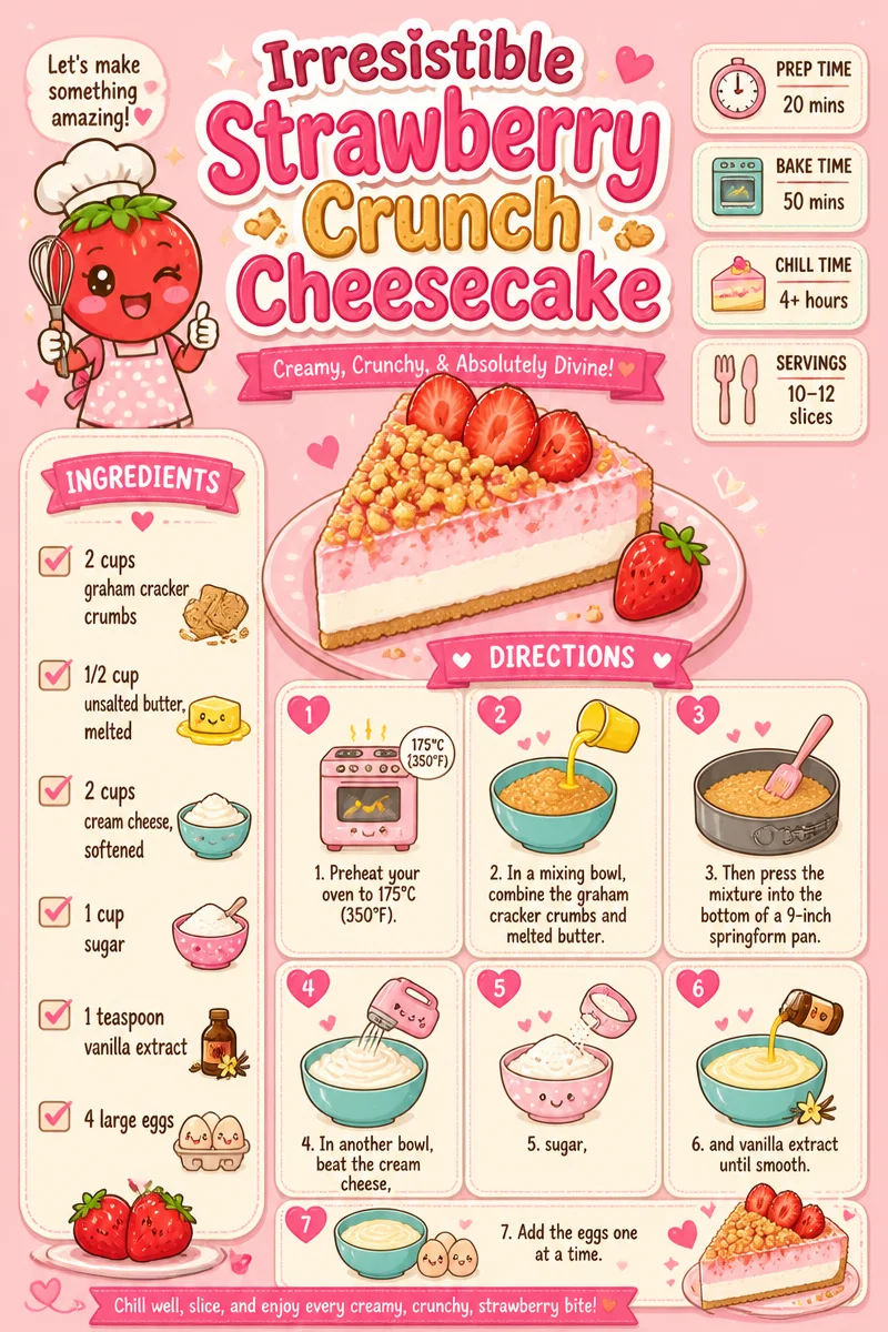 Irresistible Strawberry Crunch Cheesecake topped with fresh strawberries