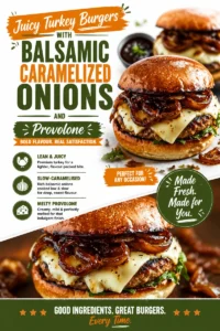 Juicy turkey burger topped with balsamic caramelised onions and provolone cheese