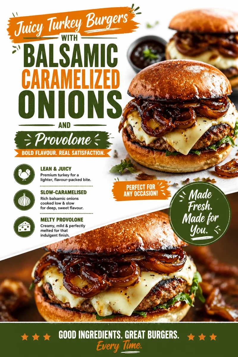 Juicy Turkey Burgers with Balsamic Caramelised Onions and Provolone