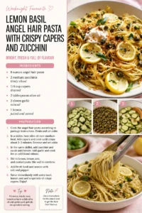 Lemon basil angel hair pasta with crispy capers and courgette served in a bowl.
