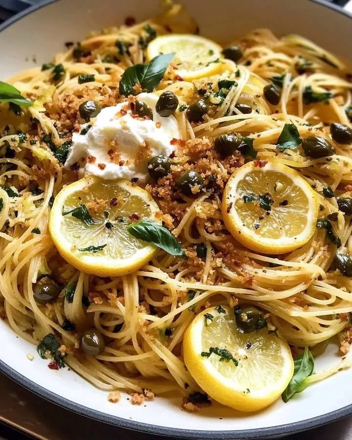 Lemon Basil Angel Hair Pasta with Crispy Capers and Courgette