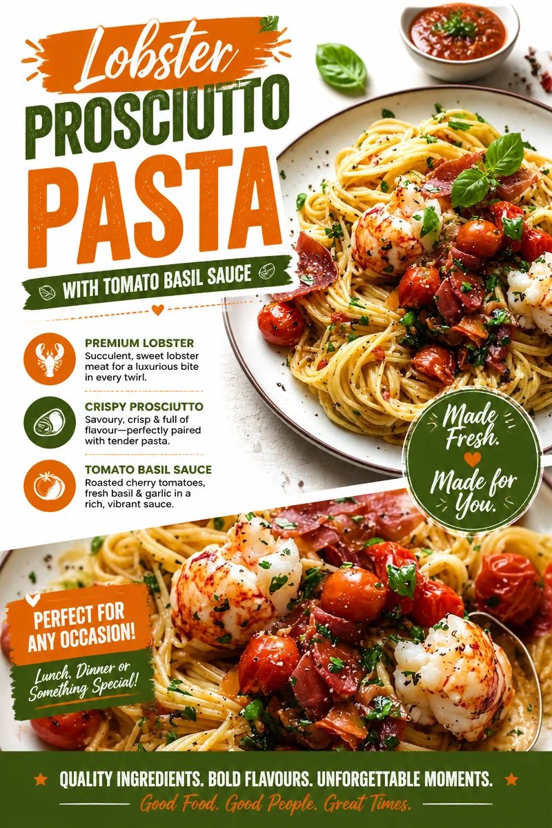 Delicious lobster pasta with prosciutto and tomato basil sauce
