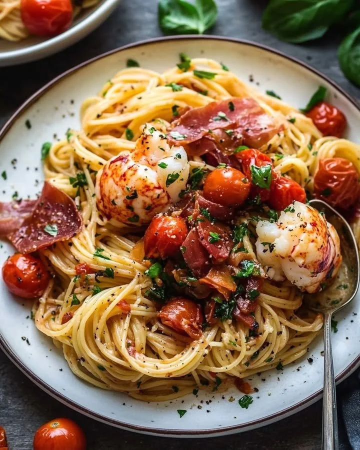 Lobster and Prosciutto Pasta with Tomato Basil Sauce