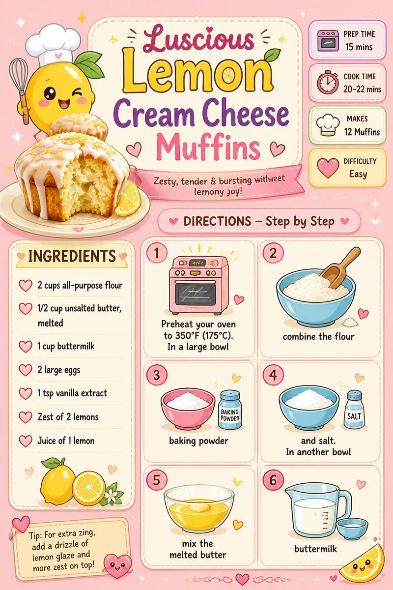Freshly baked lemon cream cheese muffins on a plate