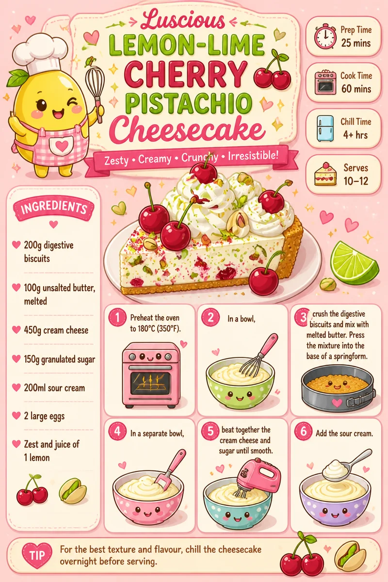 Luscious lemon-lime cherry pistachio cheesecake topped with fresh cherries and pistachios.