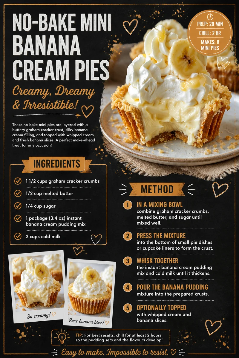 No-bake mini banana cream pies served on a dessert plate