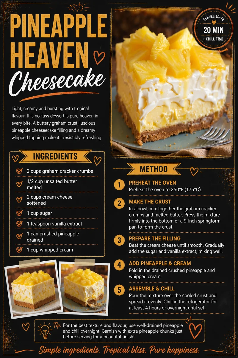 Delicious Pineapple Cheesecake slice topped with fresh pineapple and cream.