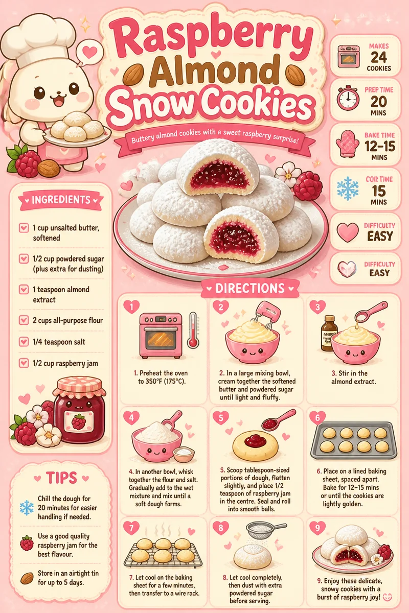 Raspberry Almond Snow Cookies dusted with icing sugar on a plate