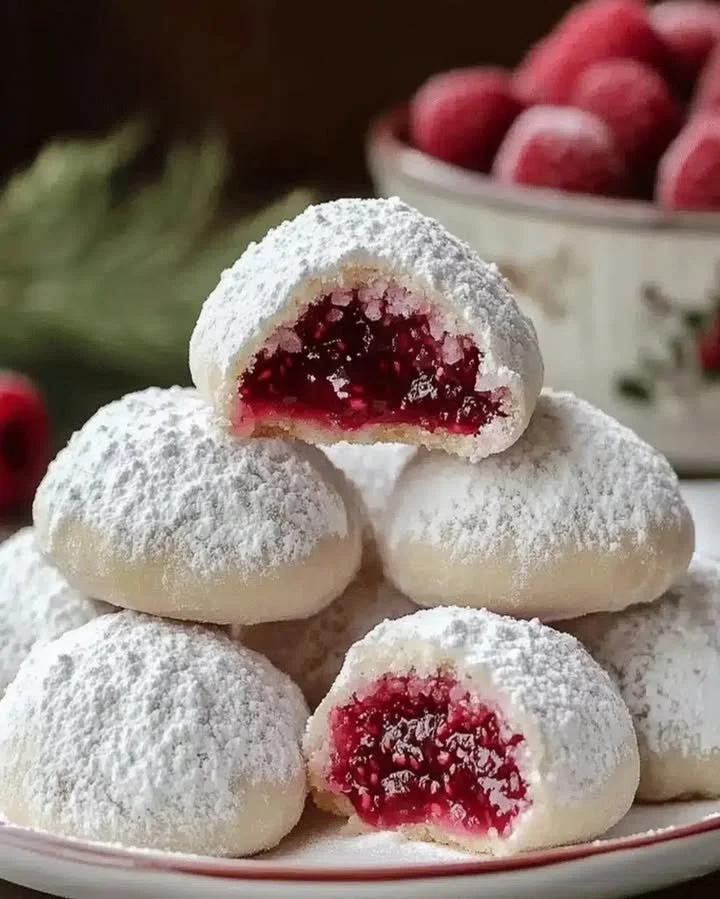 Raspberry Almond Snow Cookies