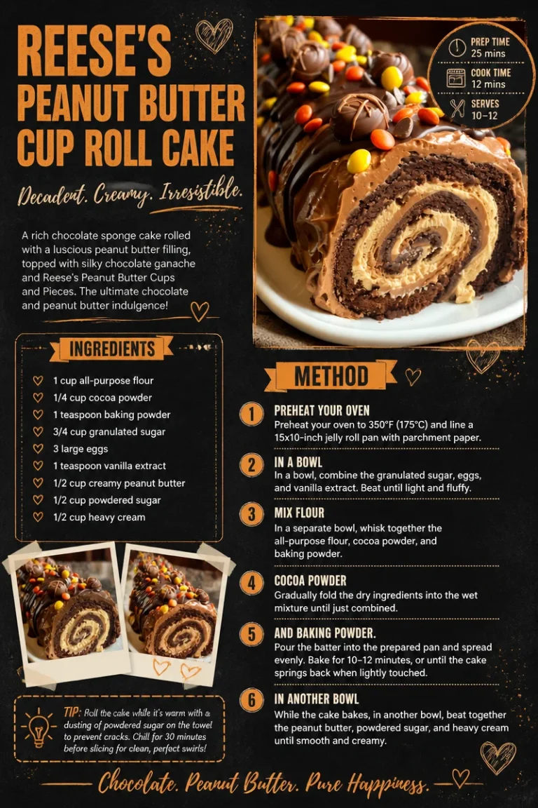 Reese's Peanut Butter Cup Roll Cake topped with peanut butter and chocolate