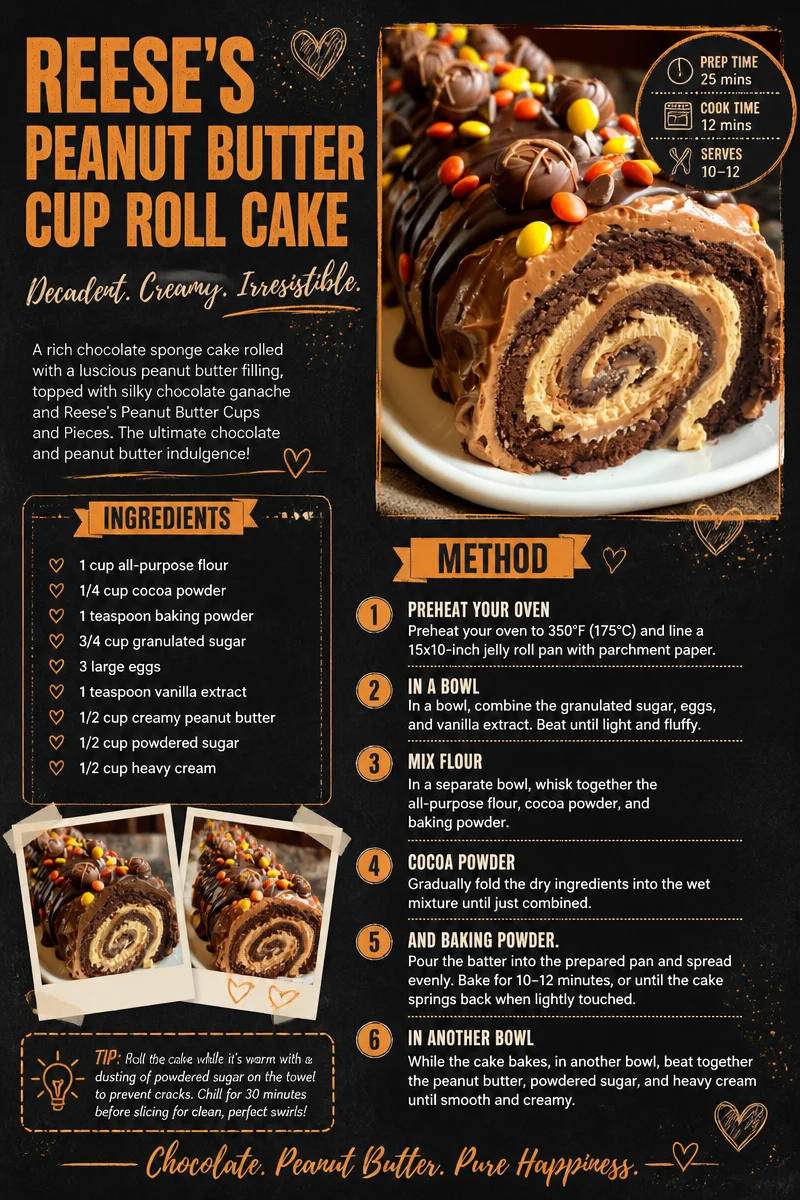 Reese's Peanut Butter Cup Roll Cake topped with peanut butter and chocolate