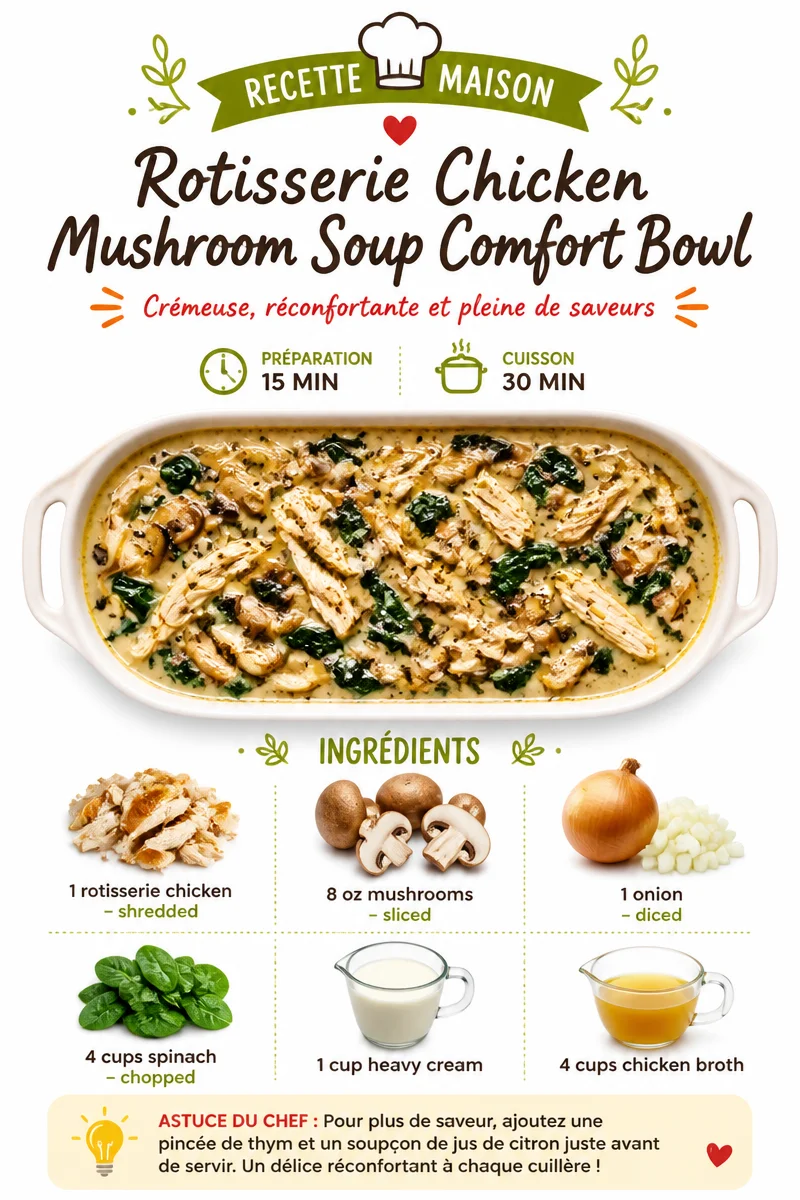 Rotisserie Chicken Mushroom Soup Comfort Bowl served in a rustic bowl