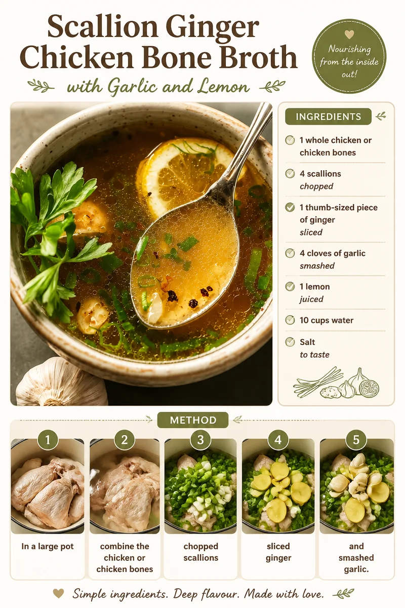Scallion ginger chicken bone broth with garlic and lemon in a bowl
