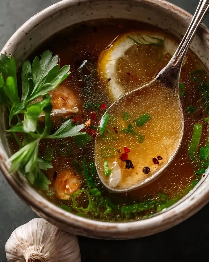 Scallion Ginger Chicken Bone Broth with Garlic and Lemon