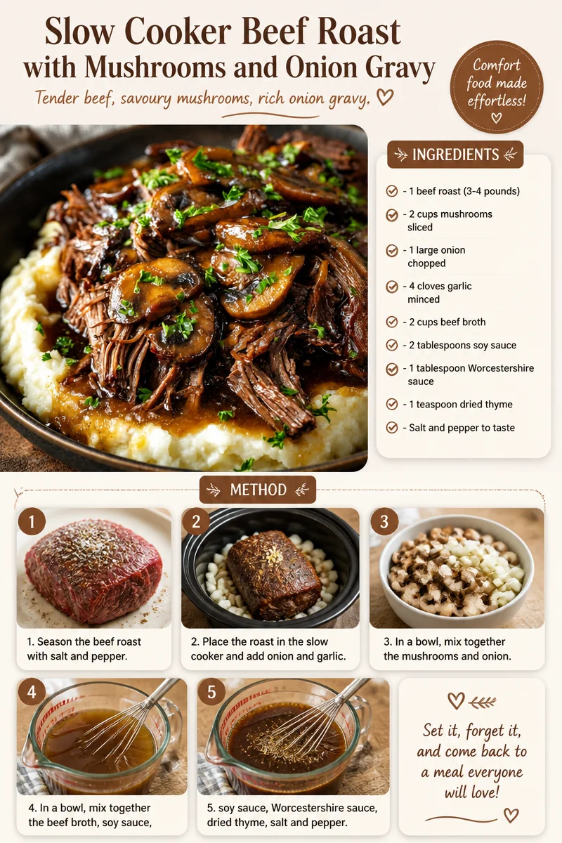 Slow Cooker Beef Joint with Mushrooms and Onion Gravy served on a plate