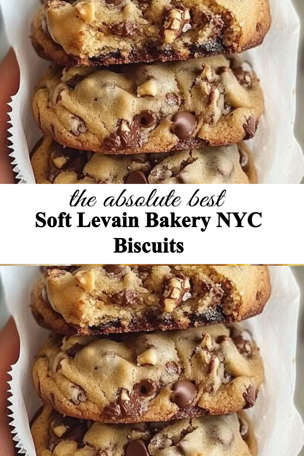 Freshly baked soft Levain Bakery NYC biscuits served on a rustic wooden table.
