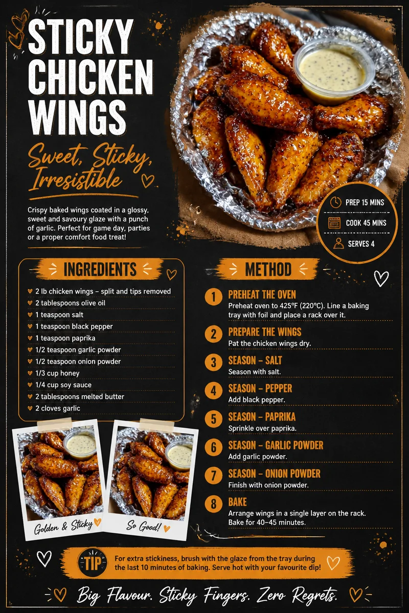 Delicious sticky chicken wings served with a side of dipping sauce