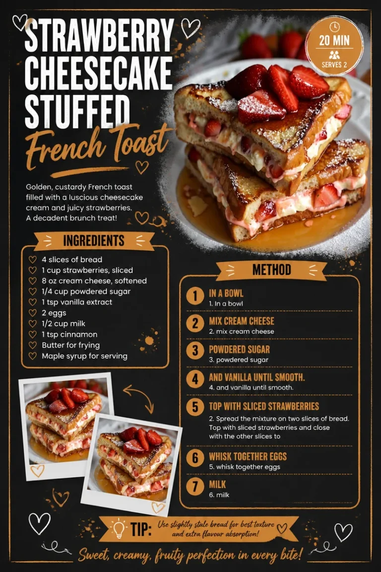 Strawberry cheesecake stuffed French toast topped with fresh strawberries and syrup