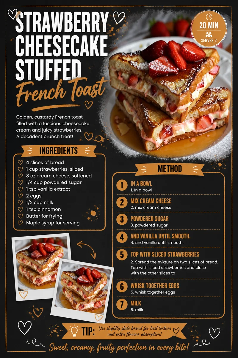 Strawberry cheesecake stuffed French toast topped with fresh strawberries and syrup
