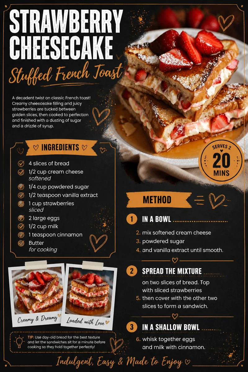 Strawberry cheesecake stuffed French toast on a plate with fresh strawberries.
