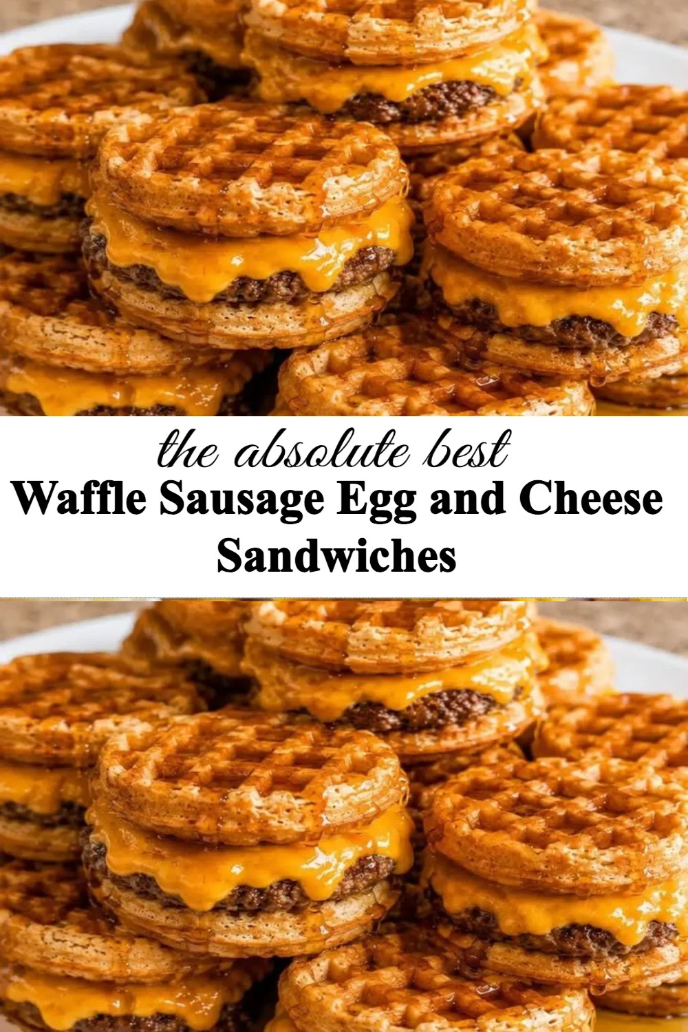 Waffle sandwich with sausage, egg, and cheese on a plate