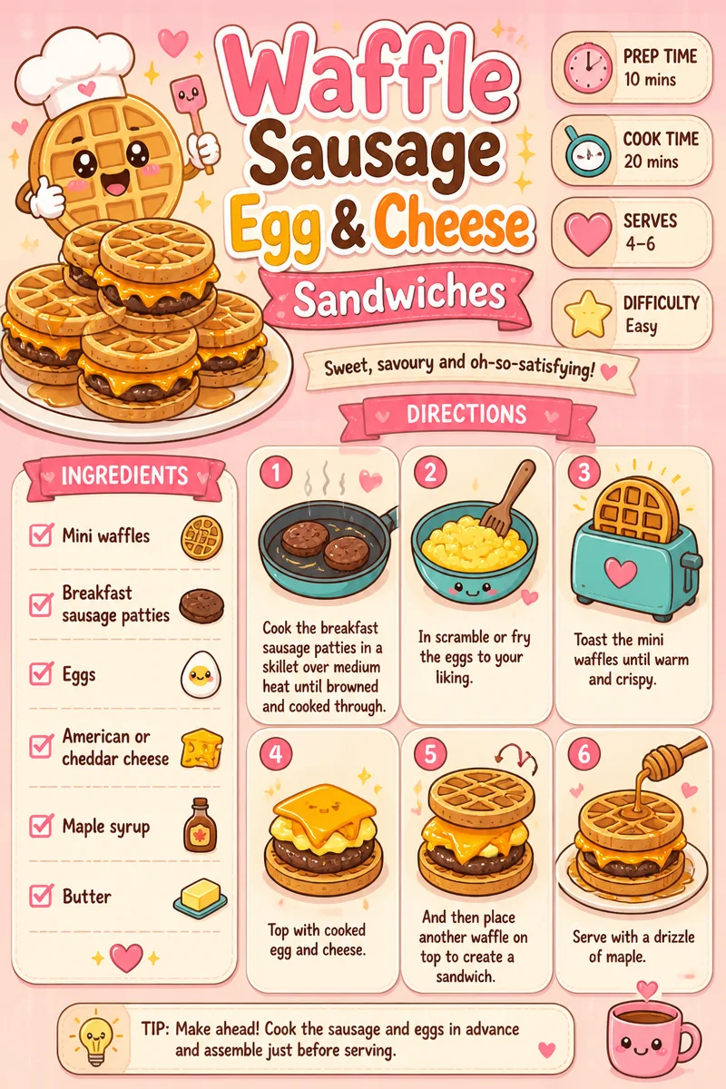 Waffle sausage egg and cheese sandwich on a plate